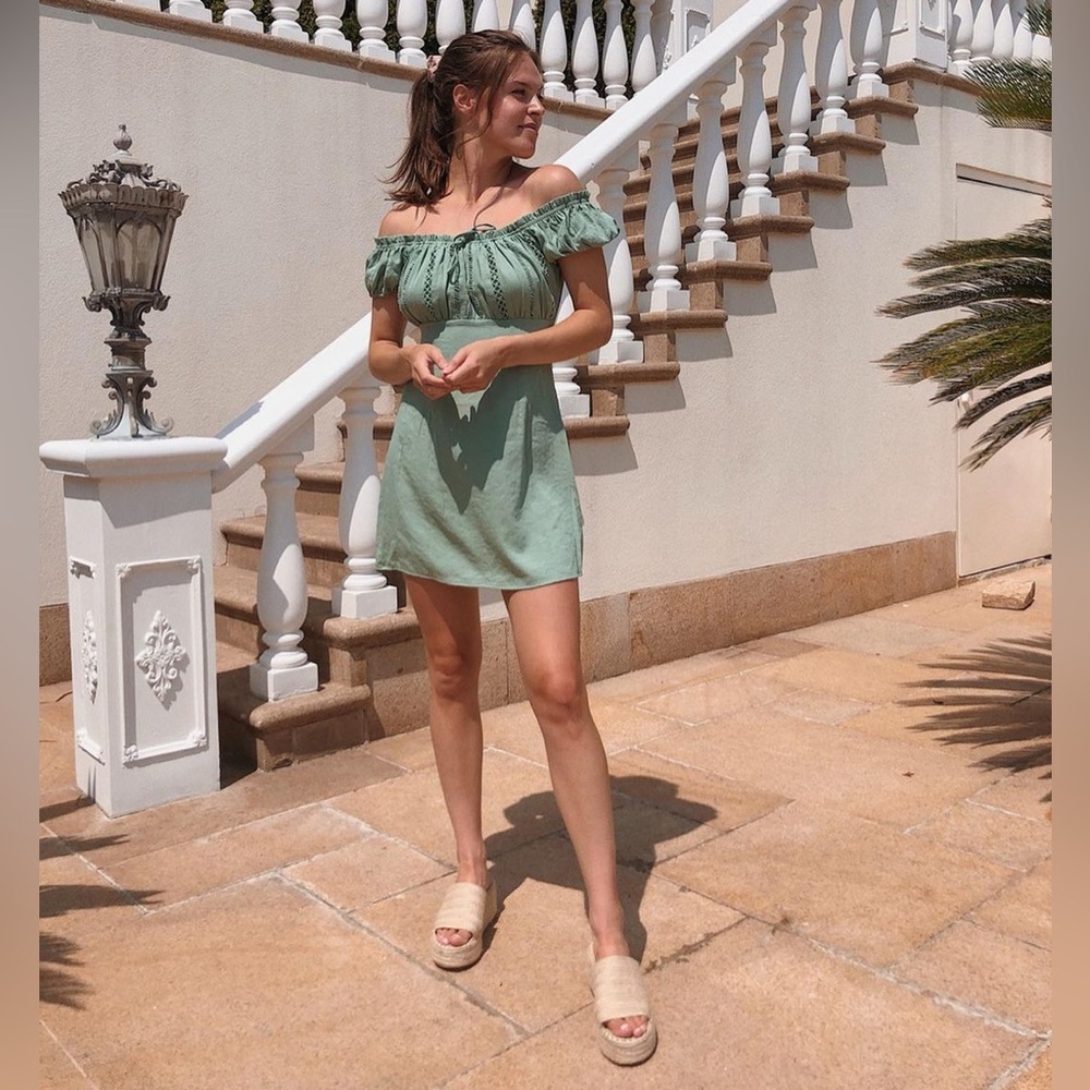 Lulus Wisteria Sage Green Off the Shoulder Dress
